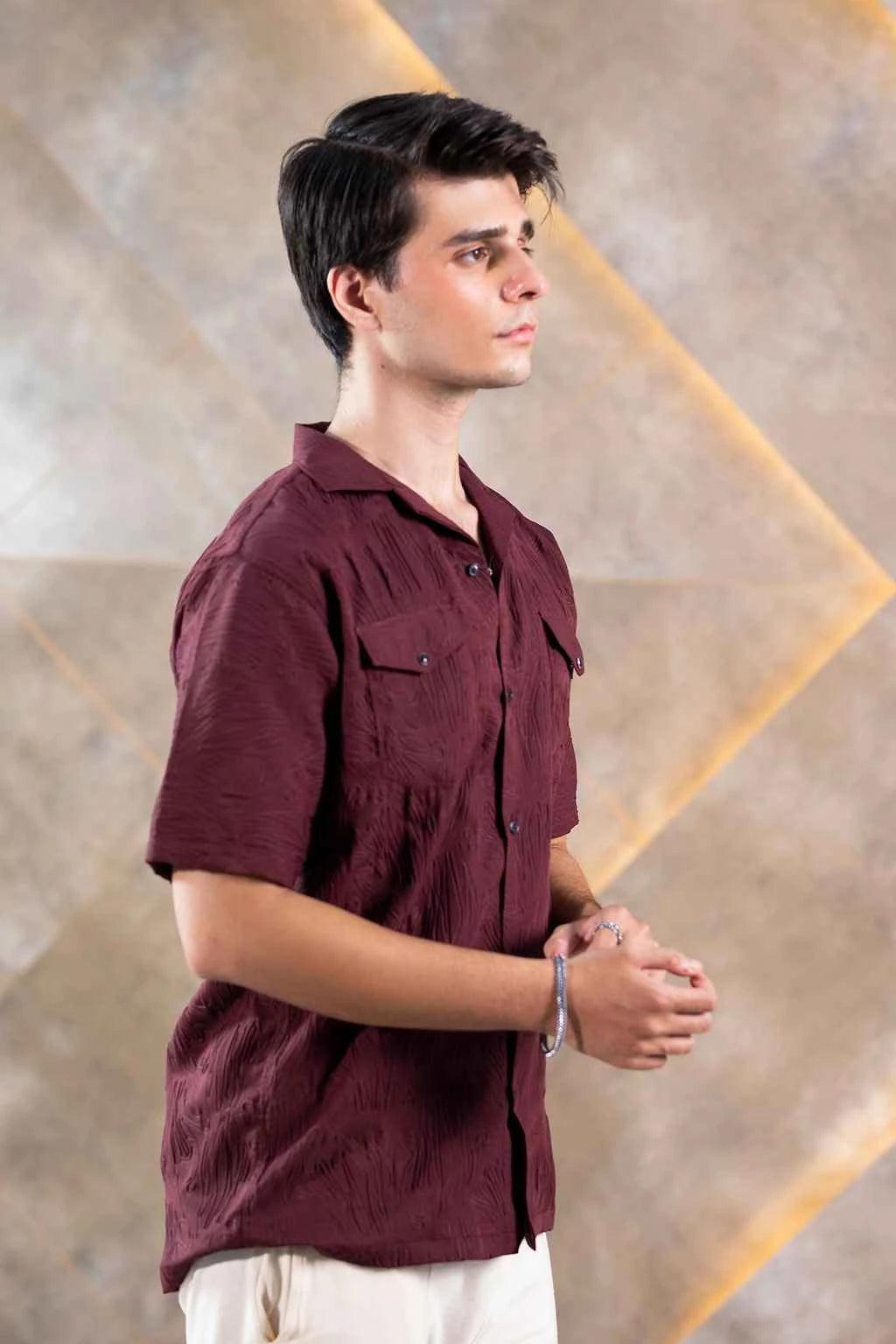 textured button-down shirt for mensin rich maroon