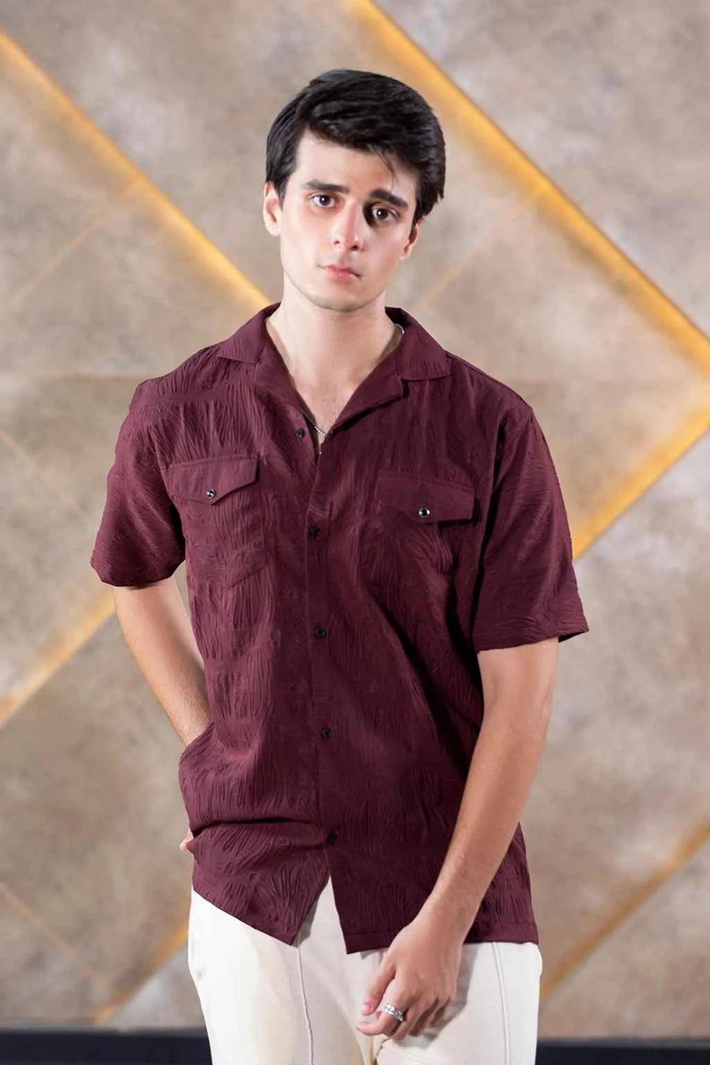 textured button-down shirt for mensin rich maroon